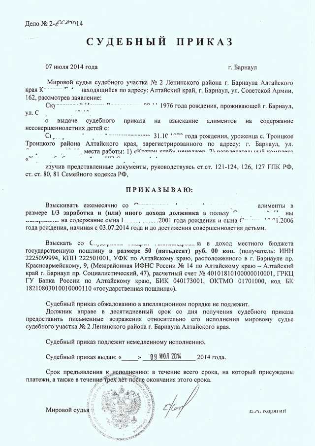 Пример судебного приказа